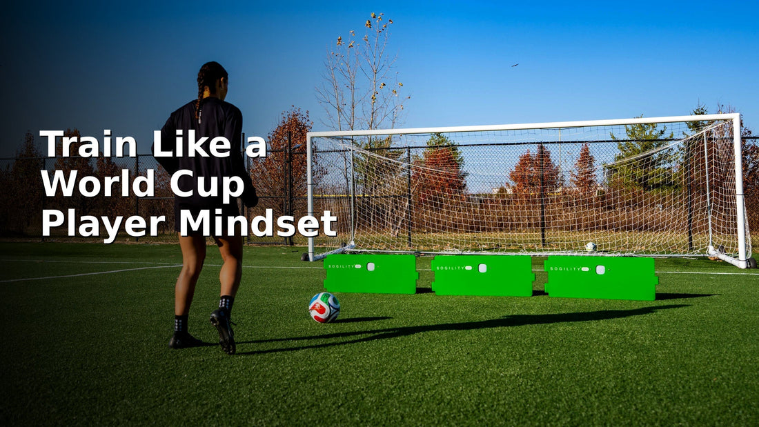 Train Like a World Cup Player Mindset graphic with a player and ReboundIQ boards near a goal