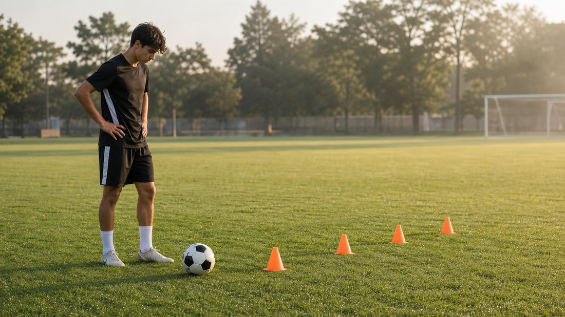 Player standing over a ball in front of a line of cones before a structured drill