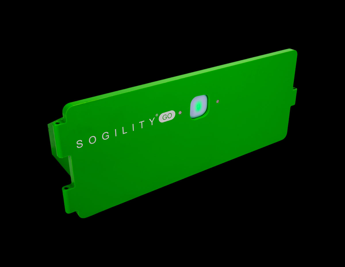 Green SogilityGO ReboundIQ soccer rebound board with an illuminated Impact Light